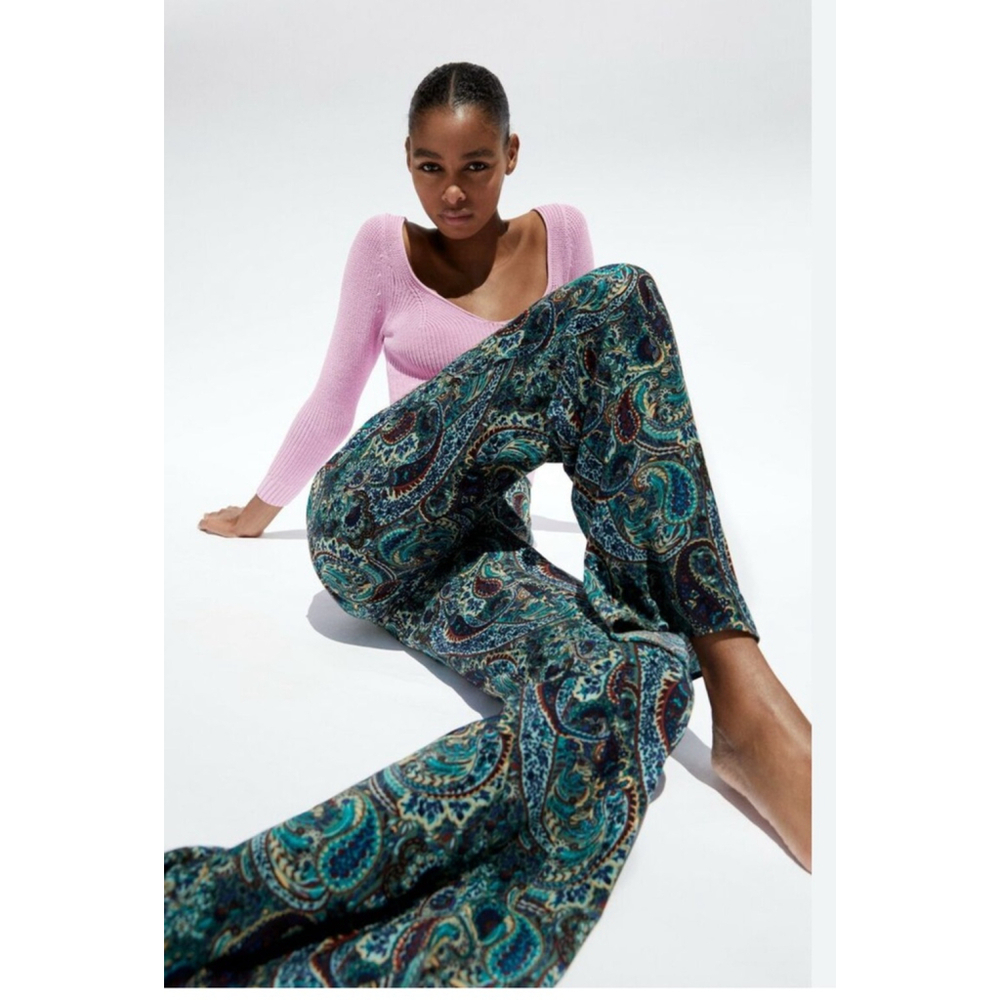 Zara Printed Flare Pants Size M Blue Multi flared paisley - Picture 3 of 11
